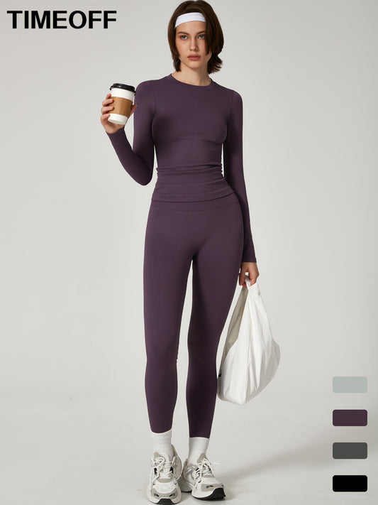 Two-piece set Women's Seamless High Elastic Soft Label Long Sleeve Trousers Yoga Wear suit CXCKTK188 eggplant purple
