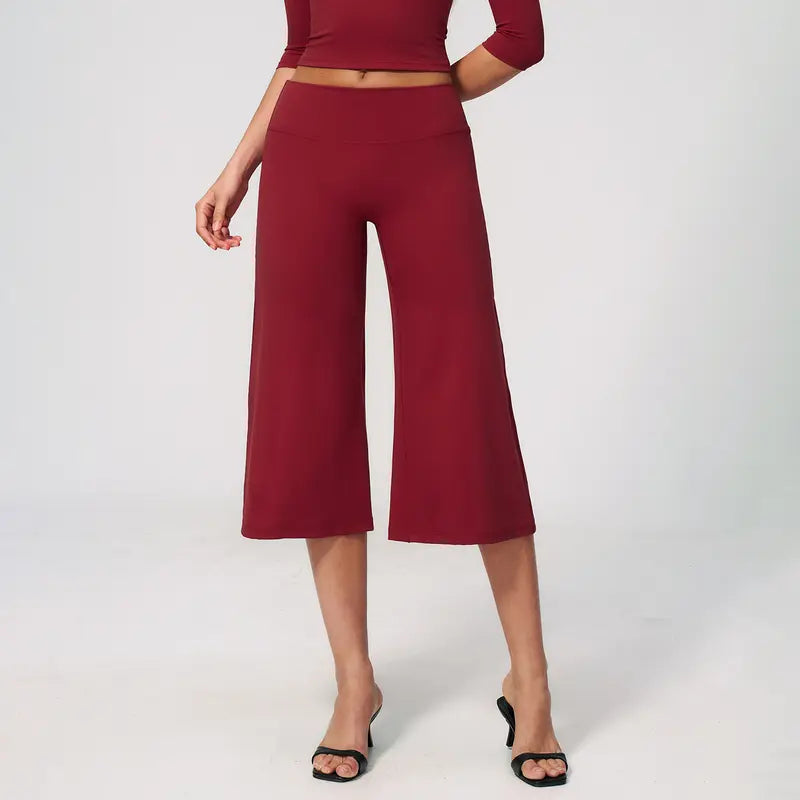 TIMEOFF Women's High Waist V‑Shaped Back Cropped Wide Leg Capris