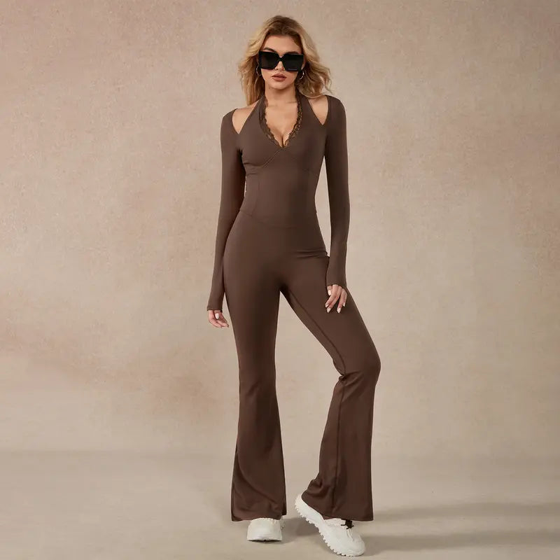 TimeOFF Women's Long-Sleeve Lace-Trim Halter Jumpsuit