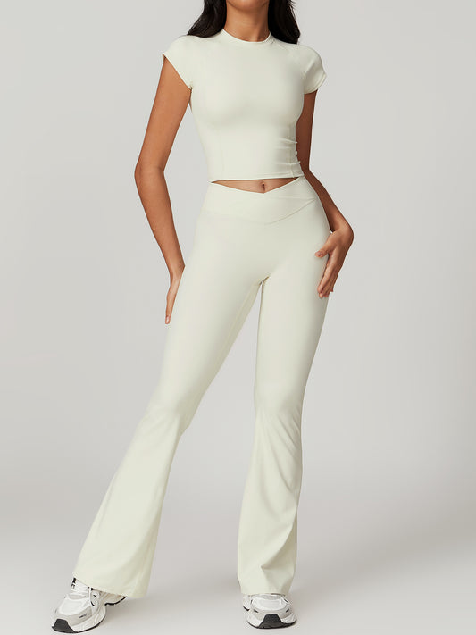 Women's Solid Yoga Short Sleeved Pants Set Gym Suit TF#8t1f799 Apricot