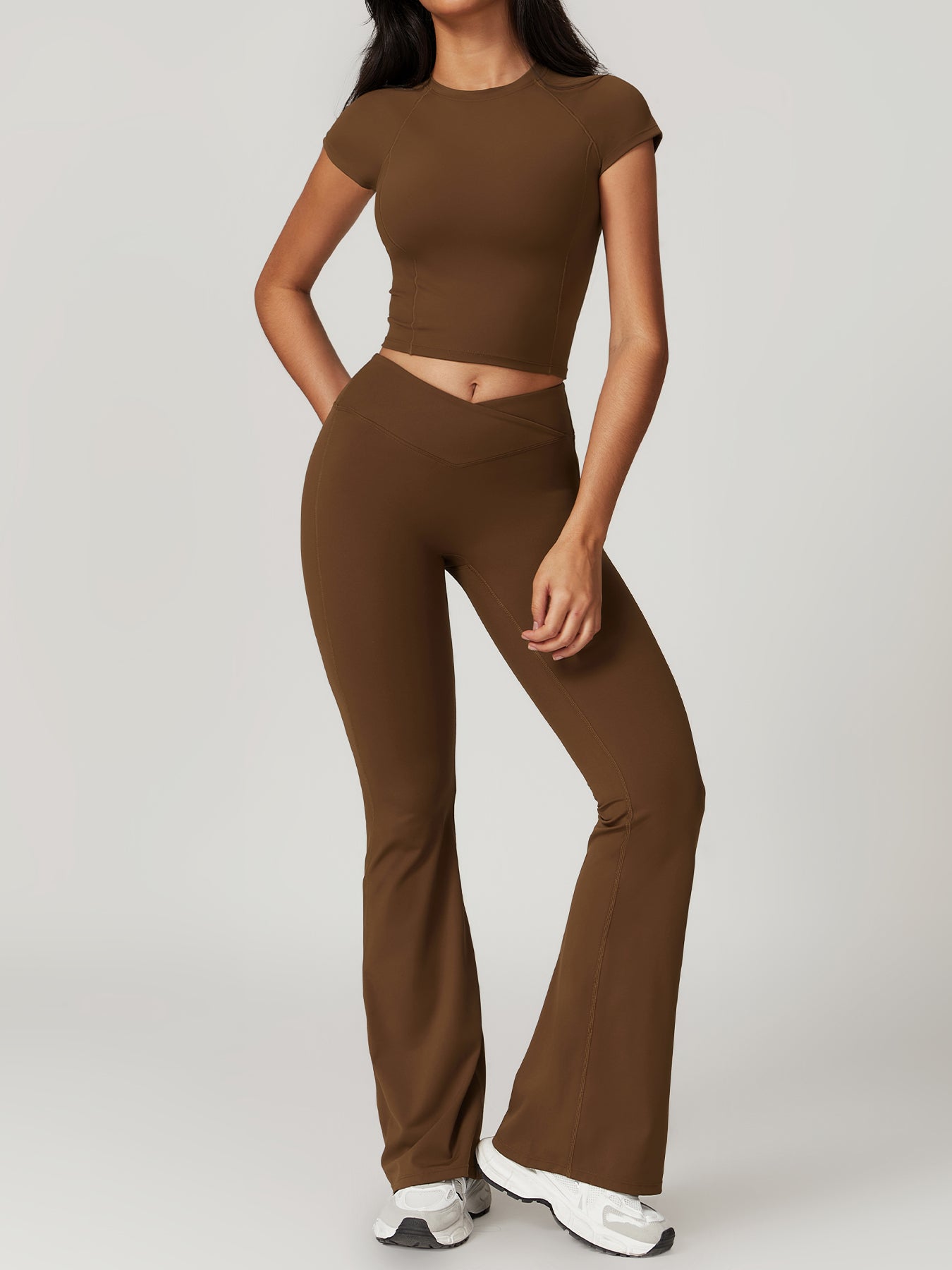 Women's Solid Yoga Short Sleeved Pants Set Gym Suit TF#8t1f799 Brown