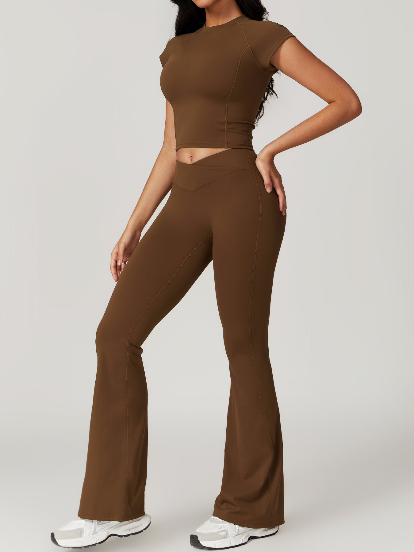 Women's Solid Yoga Short Sleeved Pants Set Gym Suit TF#8t1f799 Brown