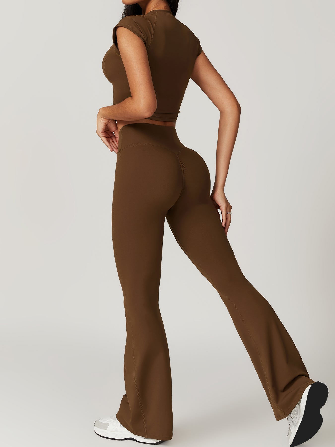 Women's Solid Yoga Short Sleeved Pants Set Gym Suit TF#8t1f799 Brown