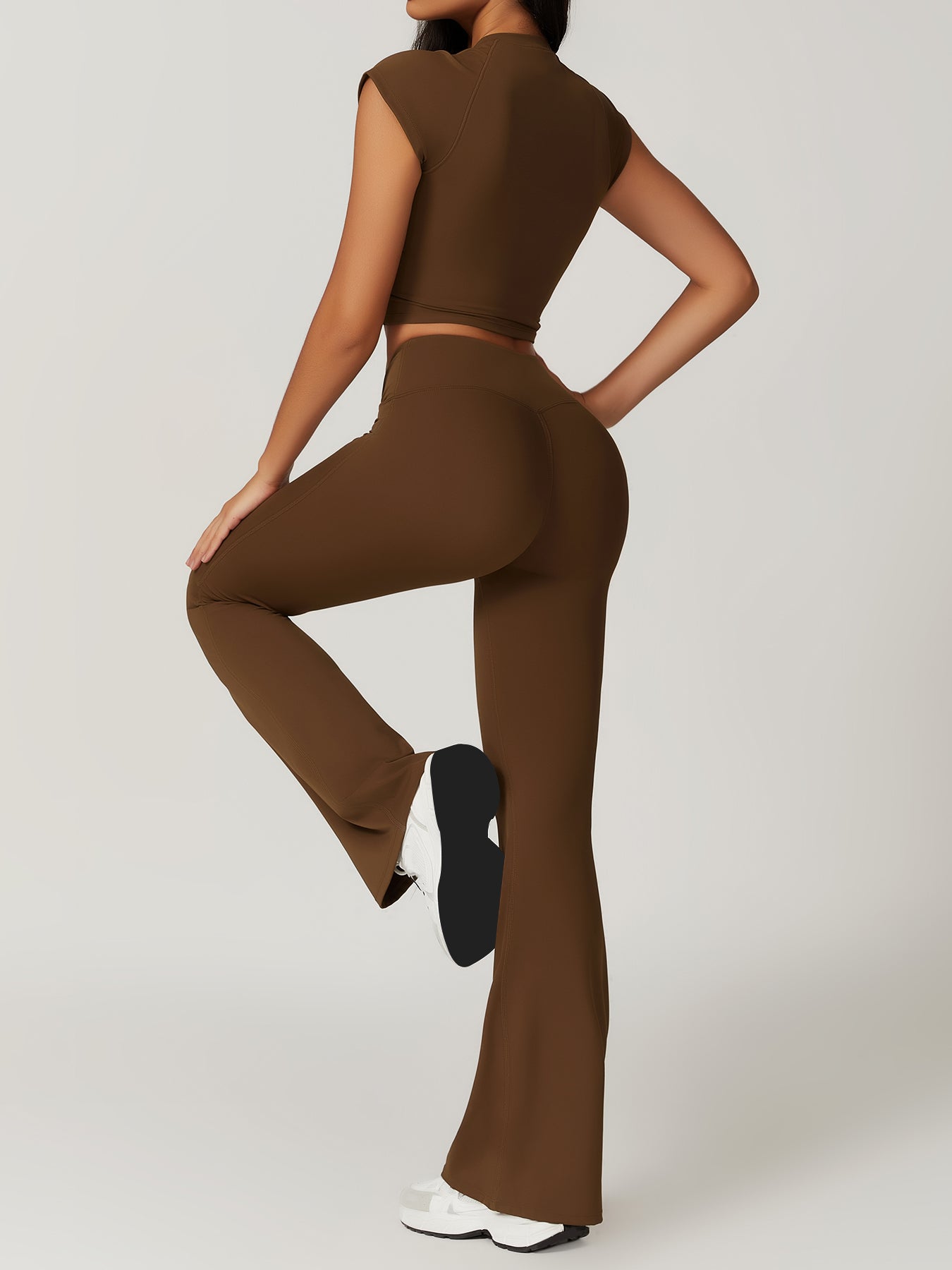 Women's Solid Yoga Short Sleeved Pants Set Gym Suit TF#8t1f799 Brown