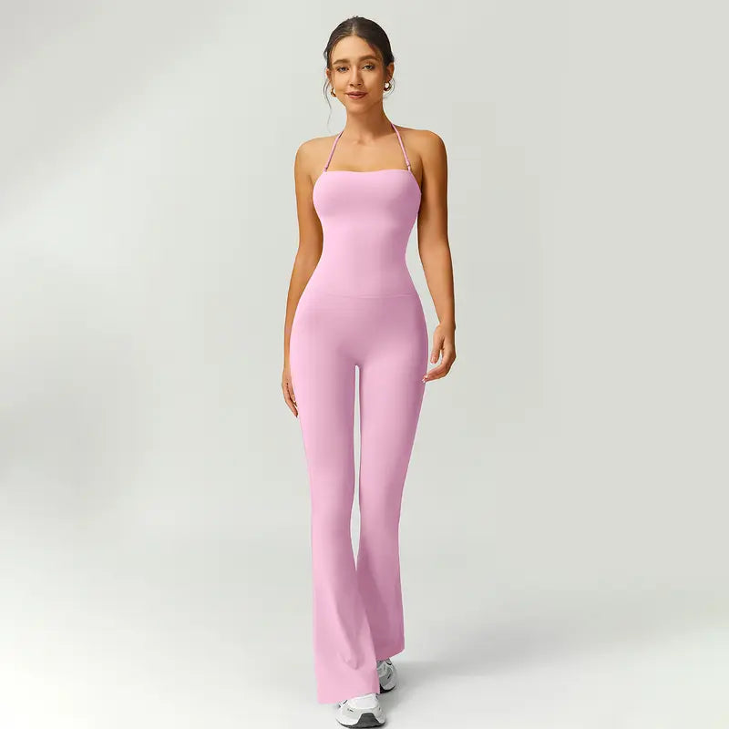 TIMEOFF Women's Halter Neck High Waist Butt Lifting Bodycon Flared Leg Yoga Jumpsuit