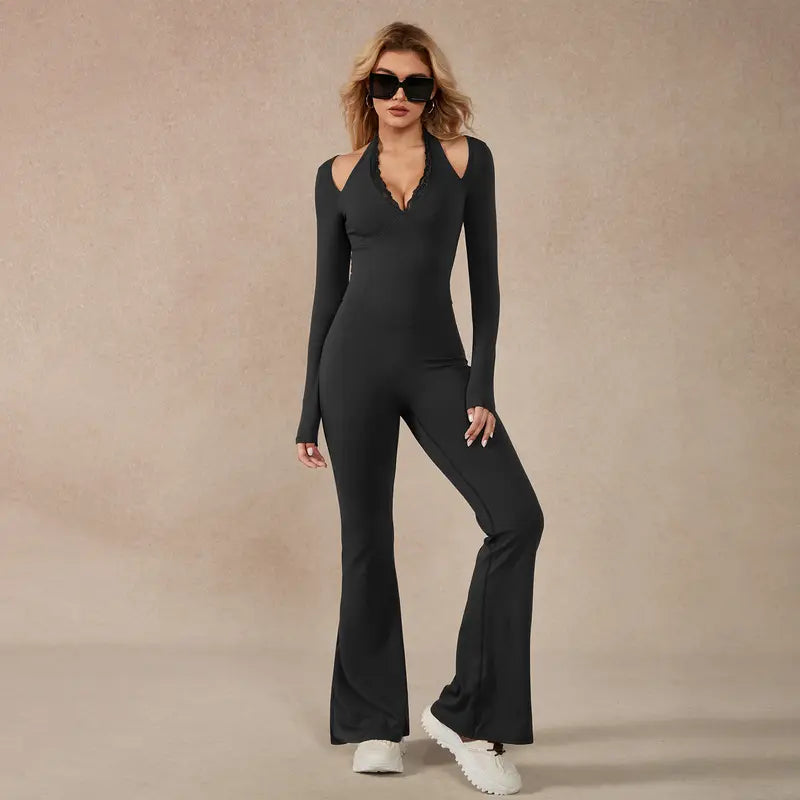 TimeOFF Women's Long-Sleeve Lace-Trim Halter Jumpsuit