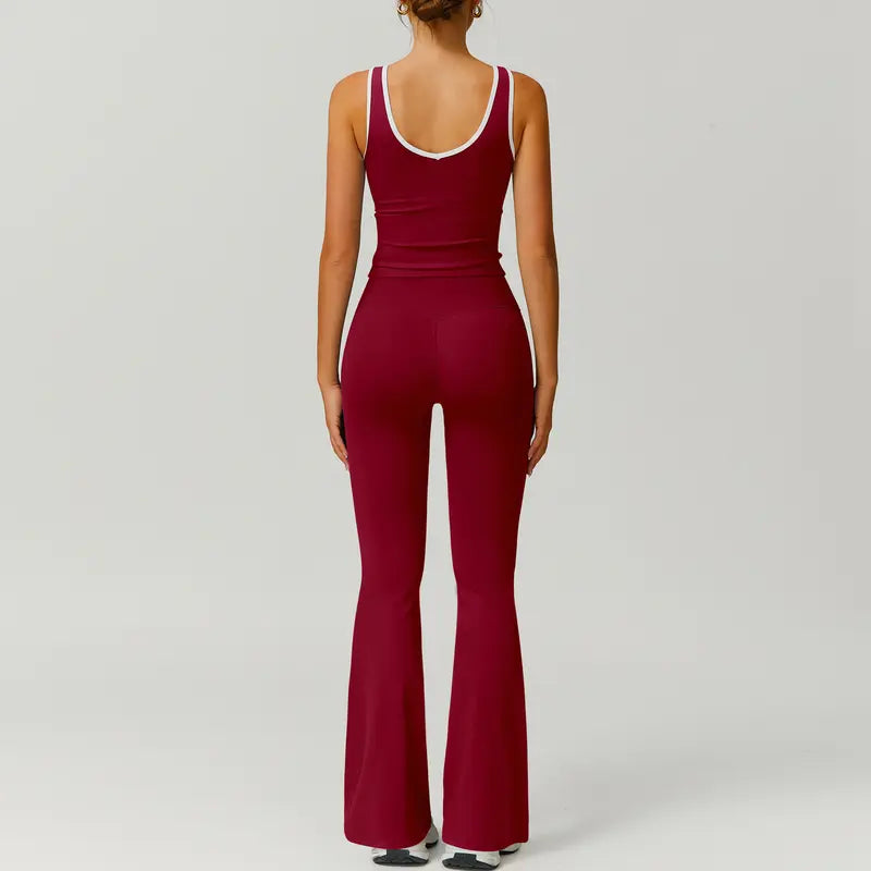 TimeOFF Two-Piece Color Block U-Neck Piped Tank & Bell Bottom Set