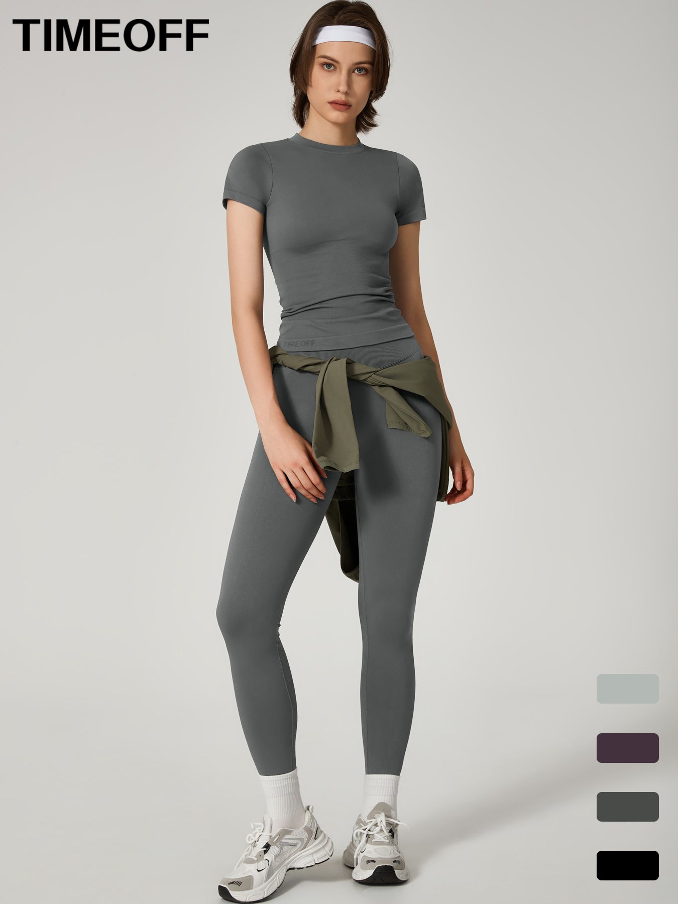 Two-Piece Set Women's Seamless High Printed Label Short Sleeve Trousers Yoga Suit dxckTK188 Dark gray