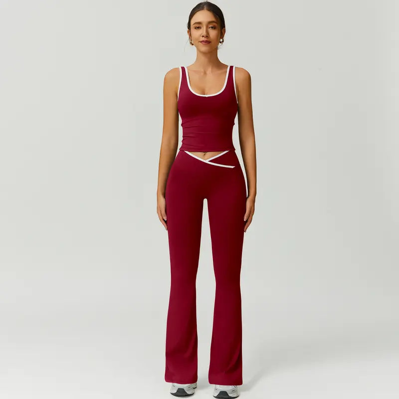 TimeOFF Two-Piece Color Block U-Neck Piped Tank & Bell Bottom Set
