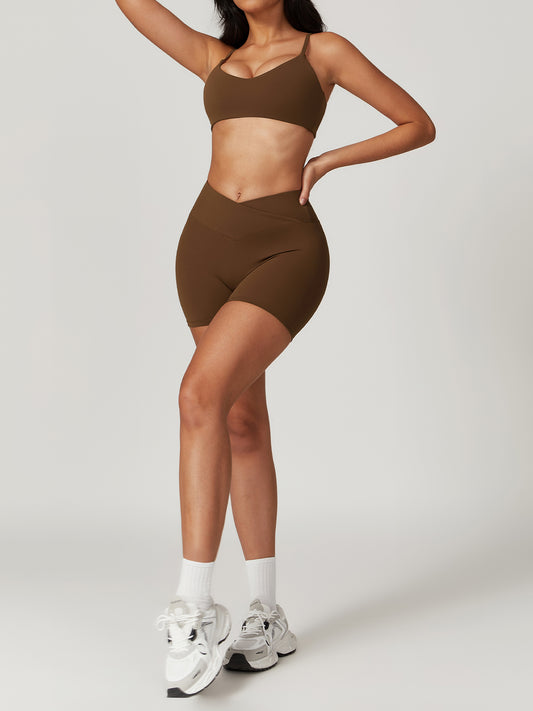 Two-Piece Set Women's Solid Yoga Bra Shorts Gym Suit TF#8t2f799 Brown