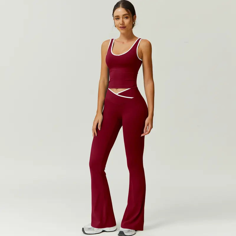 TimeOFF Two-Piece Color Block U-Neck Piped Tank & Bell Bottom Set