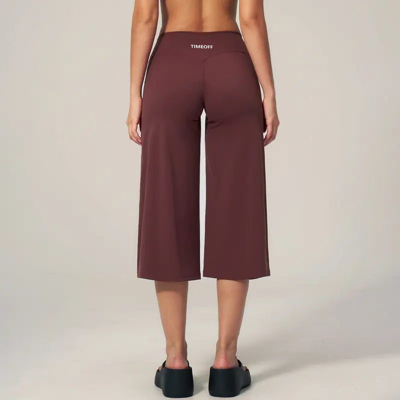 TIMEOFF Women's High Waist V‑Shaped Back Cropped Wide Leg Capris