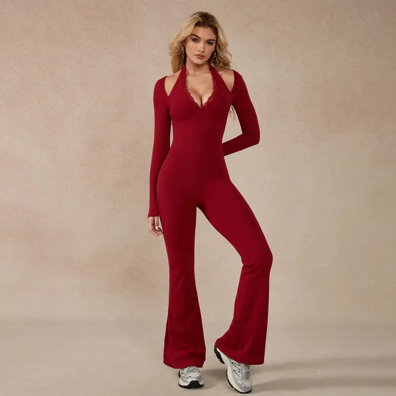 TimeOFF Women's Long-Sleeve Lace-Trim Halter Jumpsuit