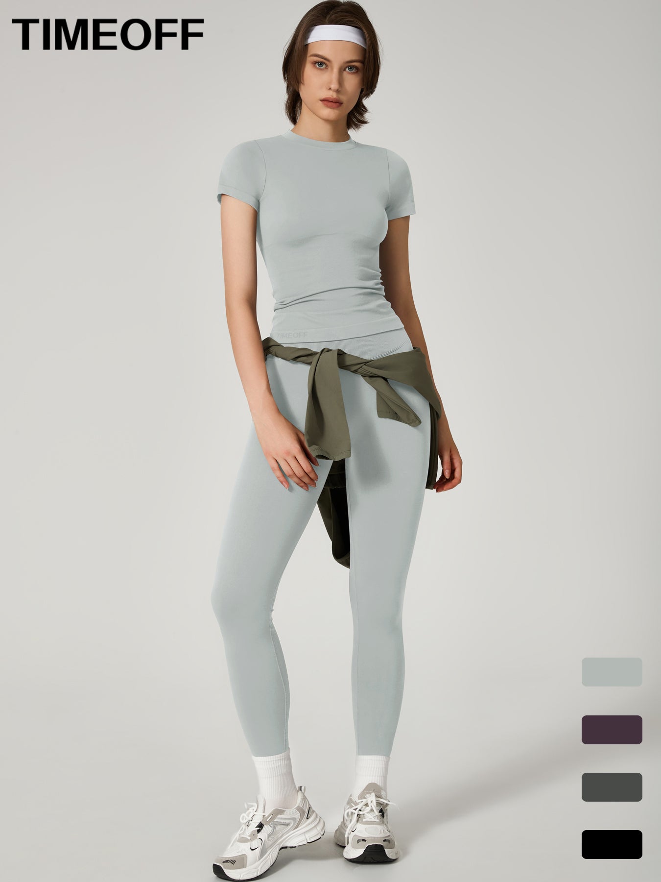 Two-Piece Set Women's Seamless High Printed Label Short Sleeve Trousers Yoga Suit dxckTK188 fog gray