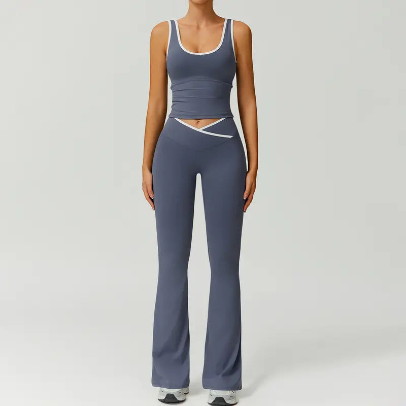 TimeOFF Two-Piece Color Block U-Neck Piped Tank & Bell Bottom Set