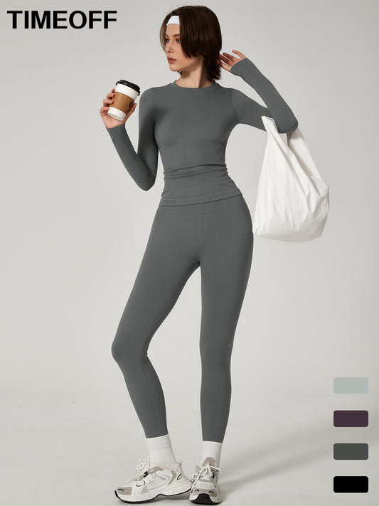 Two-piece set Women's Seamless High Elastic Soft Label Long Sleeve Trousers Yoga Wear suit CXCKTK188 Dark gray