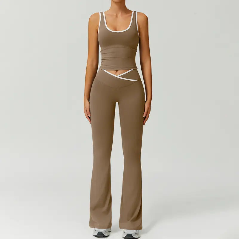 TimeOFF Two-Piece Color Block U-Neck Piped Tank & Bell Bottom Set