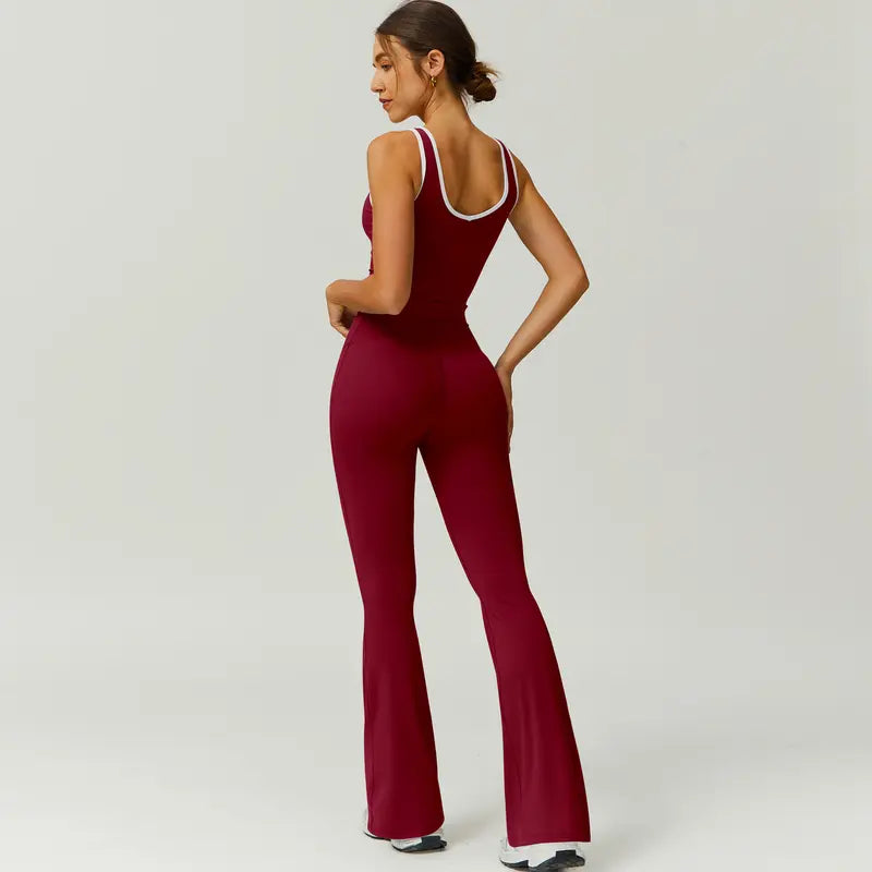 TimeOFF Two-Piece Color Block U-Neck Piped Tank & Bell Bottom Set