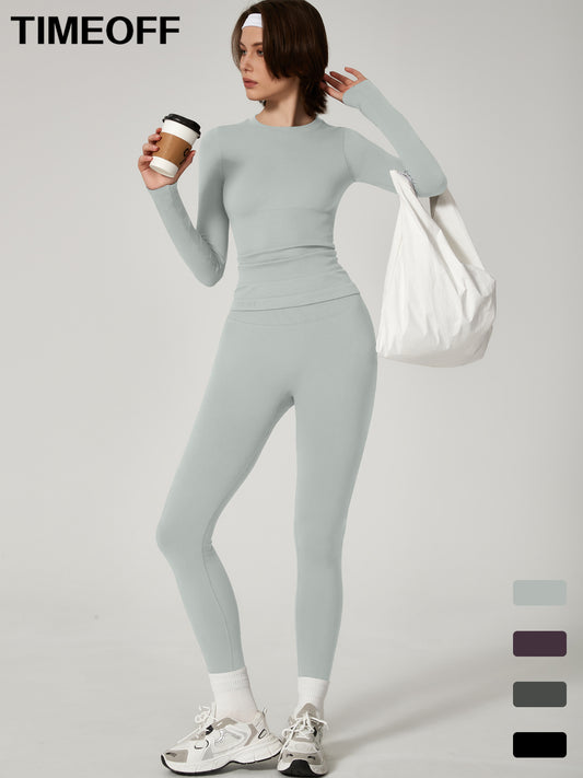 Two-piece set Women's Seamless High Elastic Soft Label Long Sleeve Trousers Yoga Wear suit CXCKTK188 fog gray