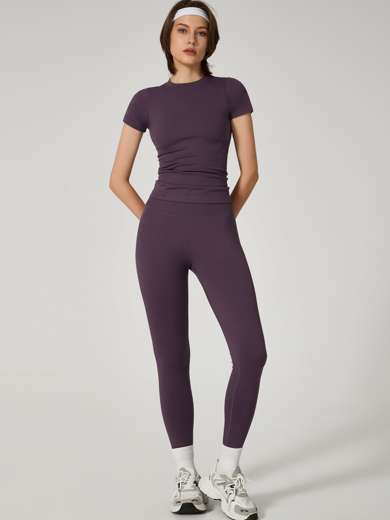 Two-Piece Set Women's Seamless High Printed Label Short Sleeve Trousers Yoga Suit dxckTK188 eggplant purple