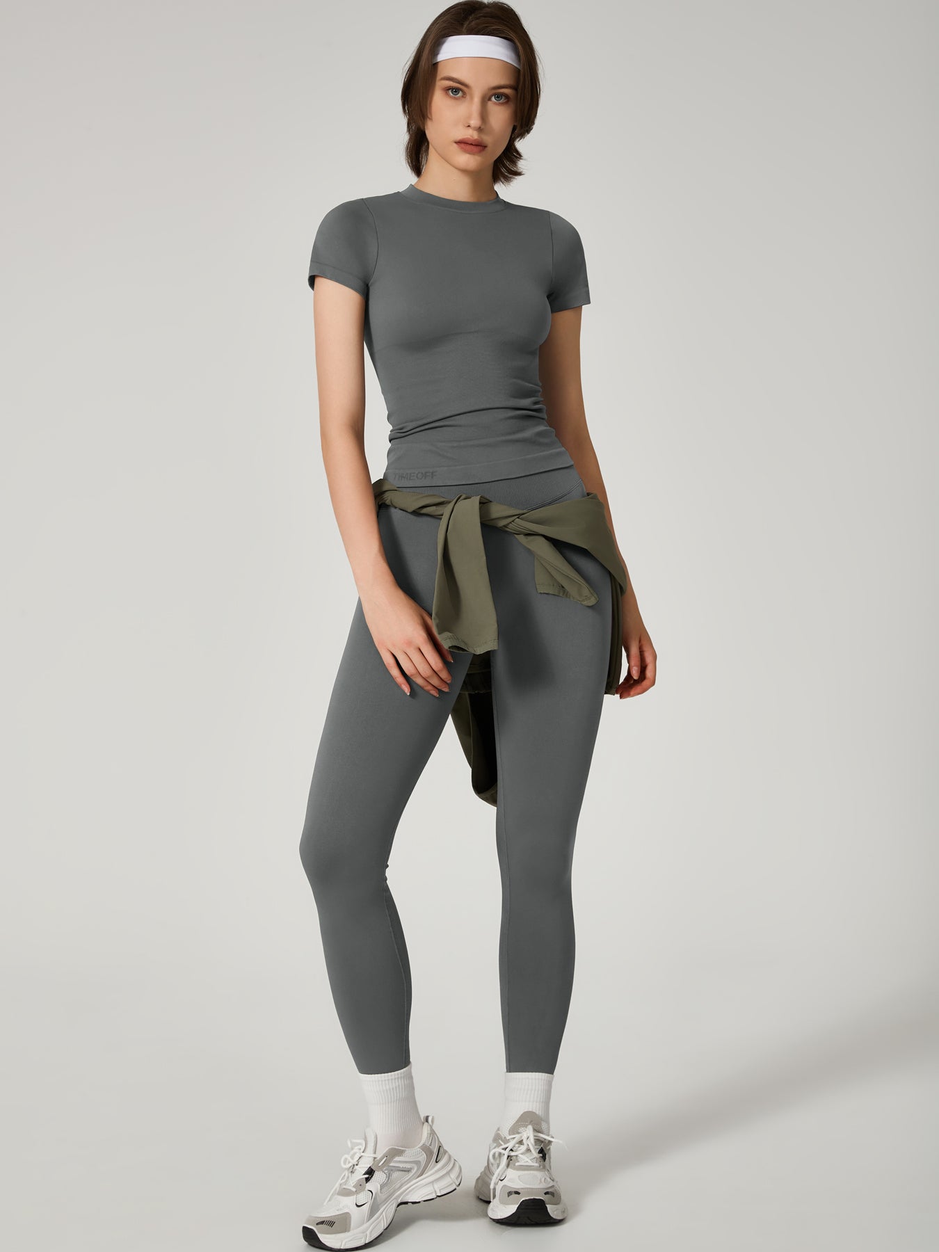 Two-Piece Set Women's Seamless High Printed Label Short Sleeve Trousers Yoga Suit dxckTK188 Dark gray