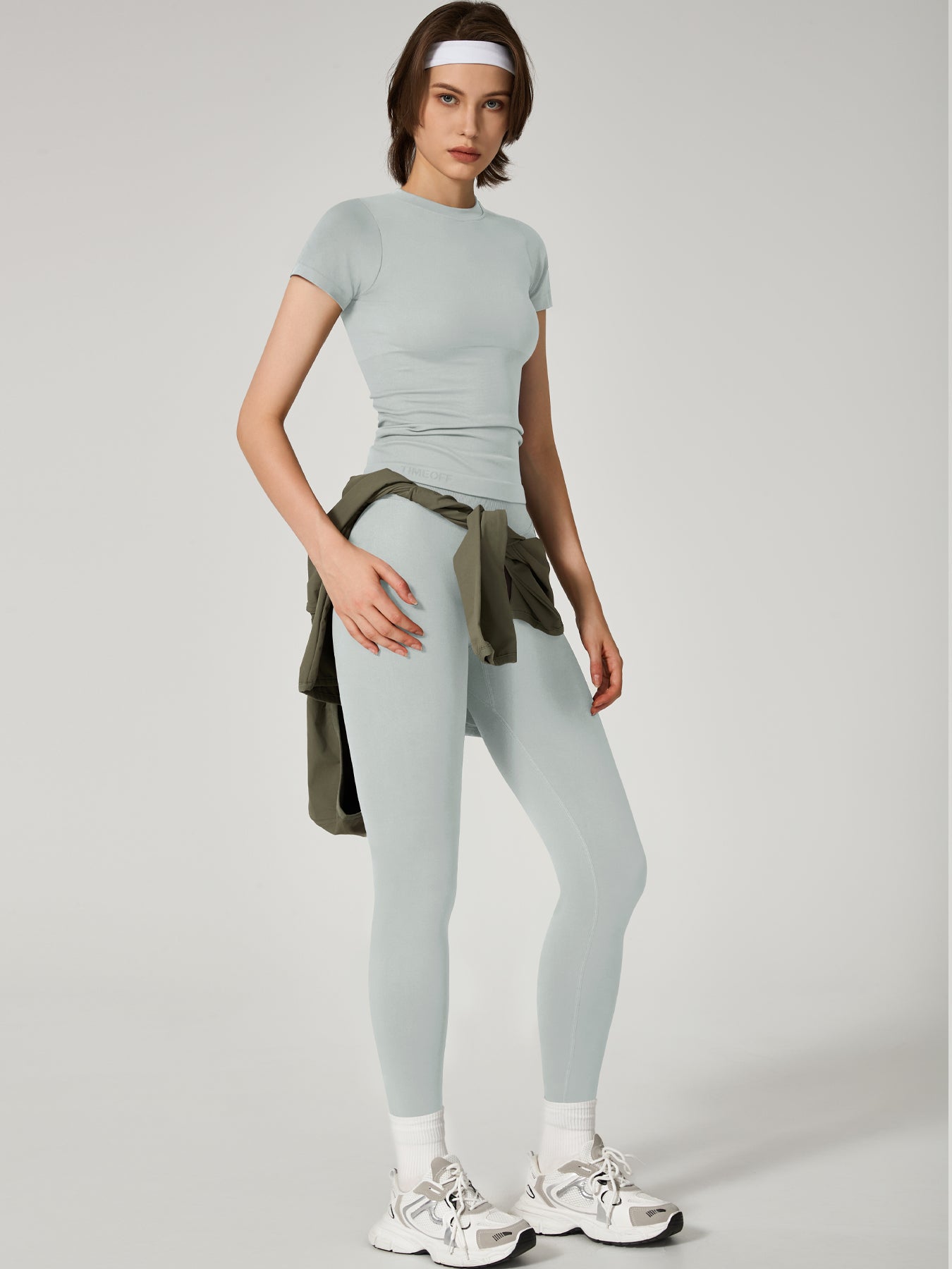 Two-Piece Set Women's Seamless High Printed Label Short Sleeve Trousers Yoga Suit dxckTK188 fog gray