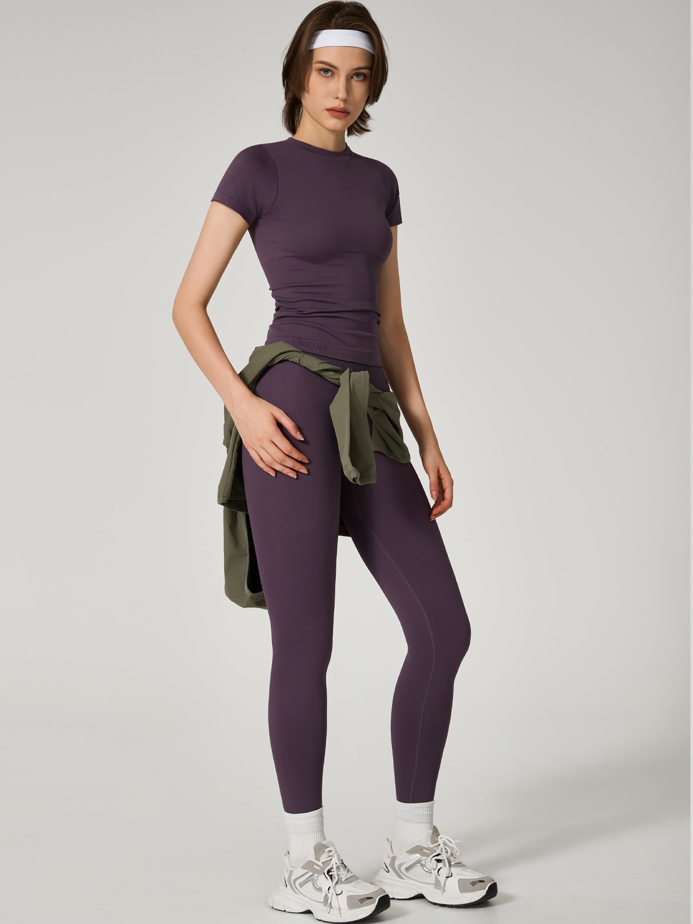 Two-Piece Set Women's Seamless High Printed Label Short Sleeve Trousers Yoga Suit dxckTK188 eggplant purple