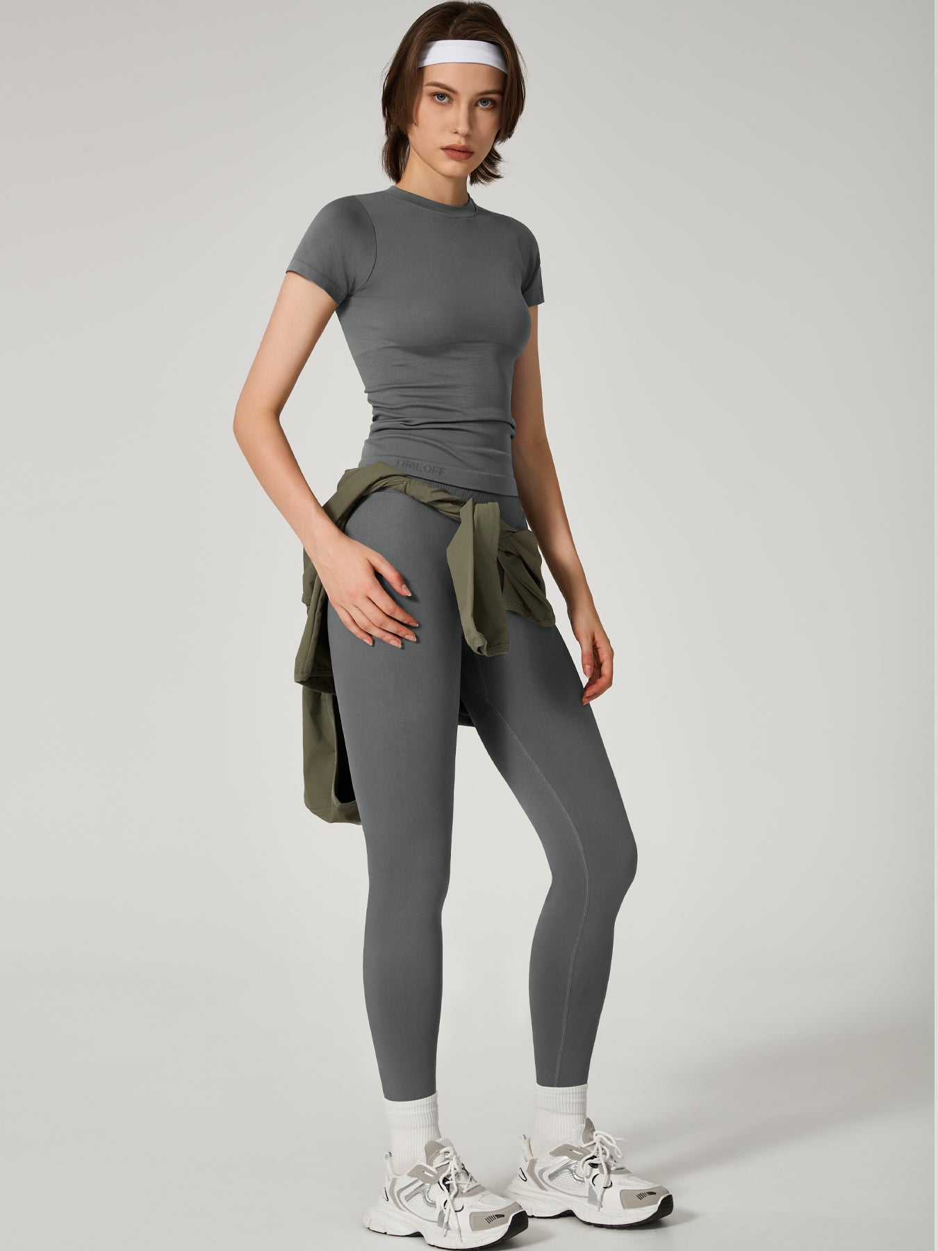 Two-Piece Set Women's Seamless High Printed Label Short Sleeve Trousers Yoga Suit dxckTK188 Dark gray