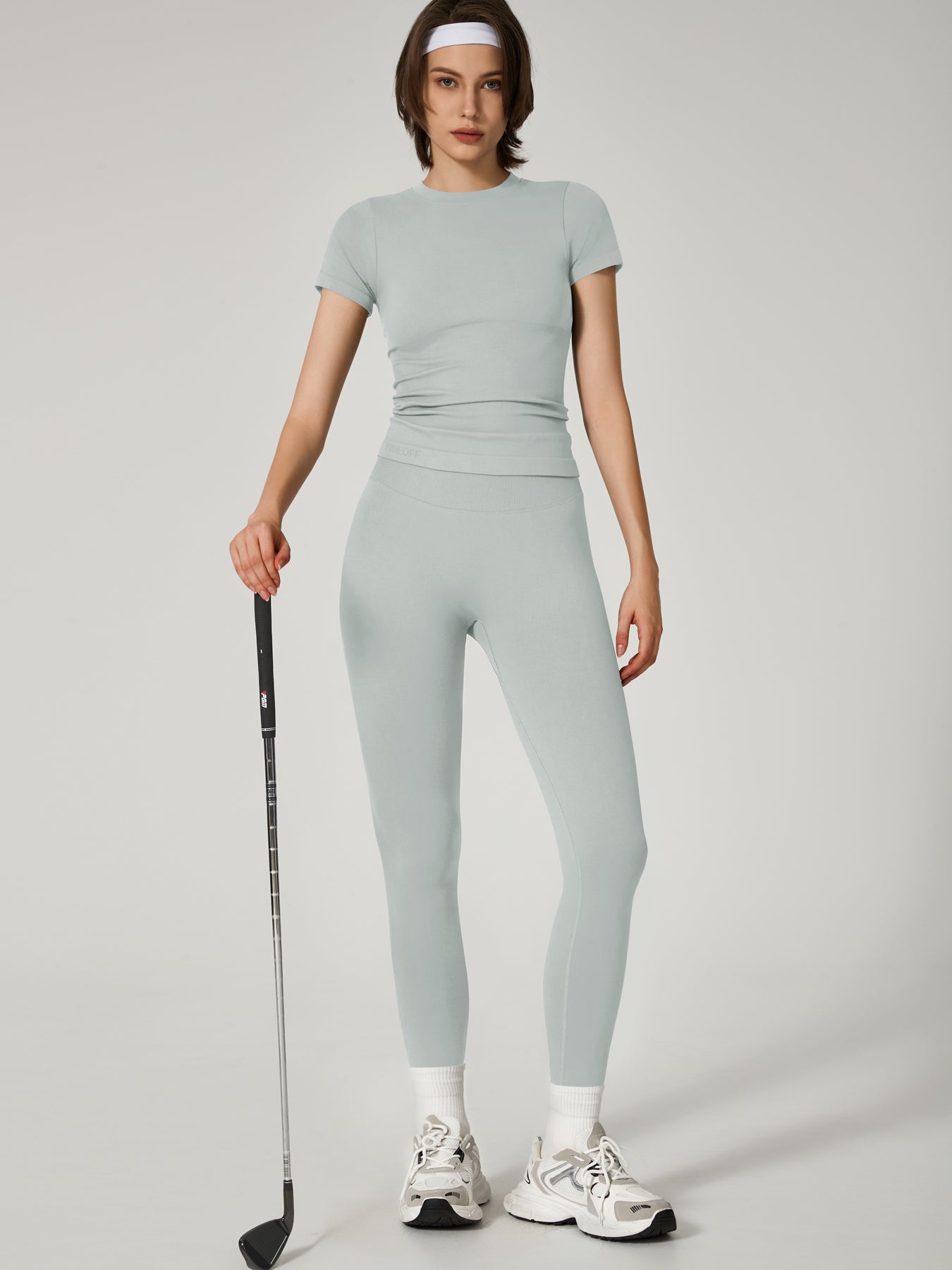 Two-Piece Set Women's Seamless High Printed Label Short Sleeve Trousers Yoga Suit dxckTK188 fog gray