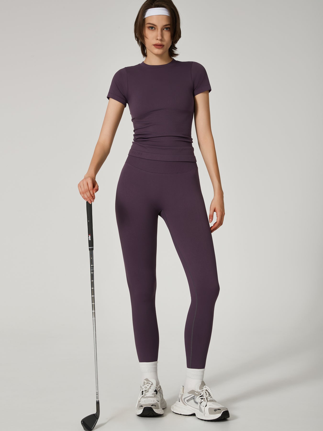 Two-Piece Set Women's Seamless High Printed Label Short Sleeve Trousers Yoga Suit dxckTK188 eggplant purple
