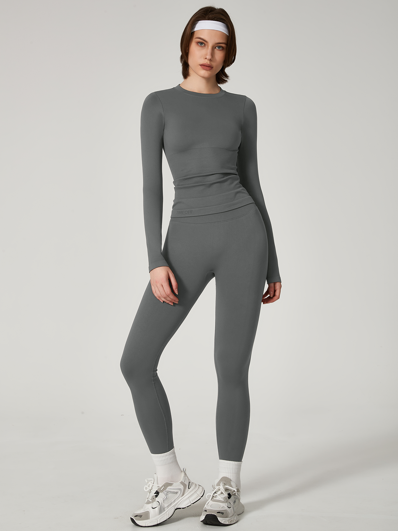 Two-piece set Women's Seamless High Elastic Soft Label Long Sleeve Trousers Yoga Wear suit CXCKTK188 Dark gray