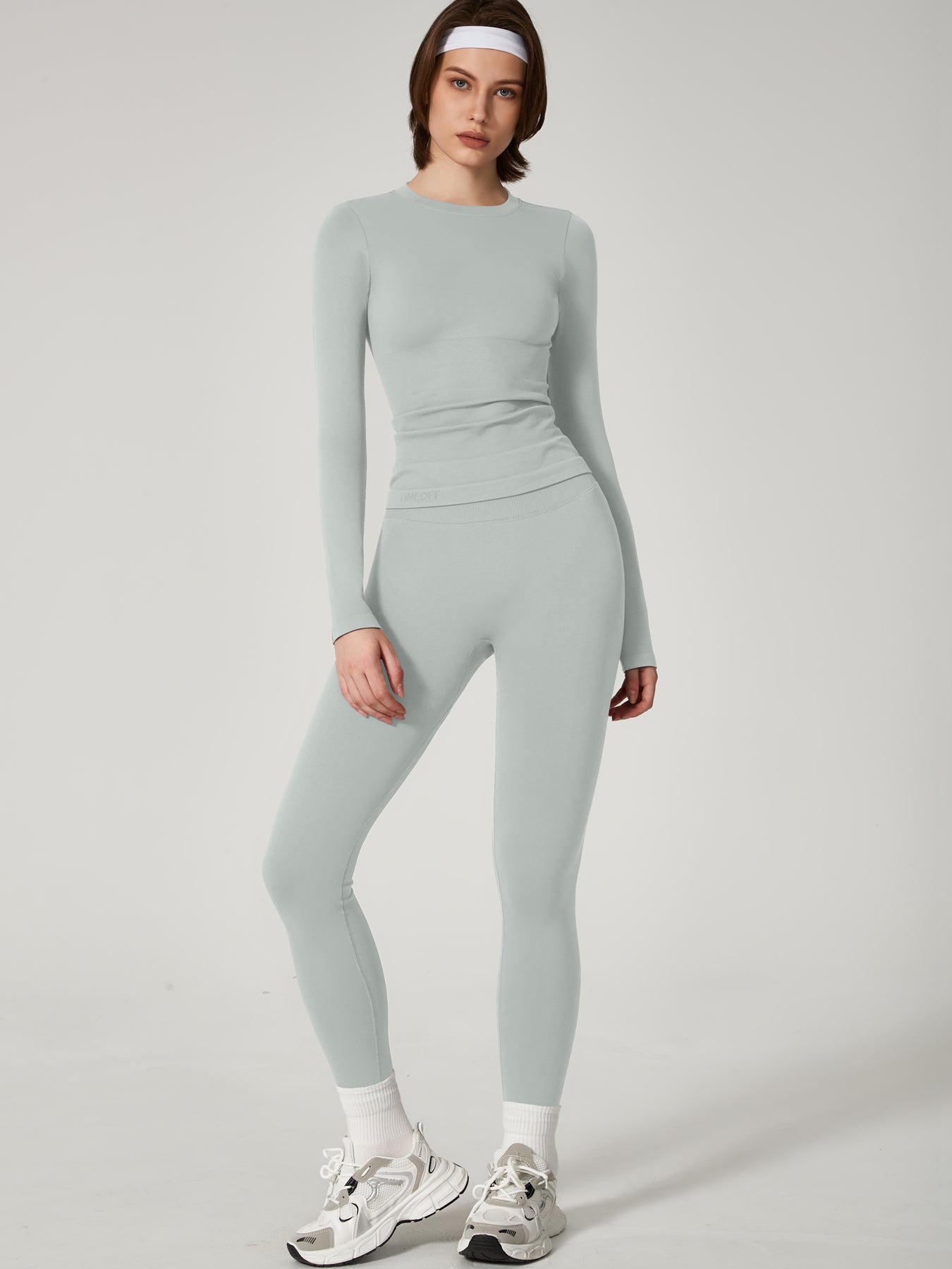 Two-piece set Women's Seamless High Elastic Soft Label Long Sleeve Trousers Yoga Wear suit CXCKTK188 fog gray