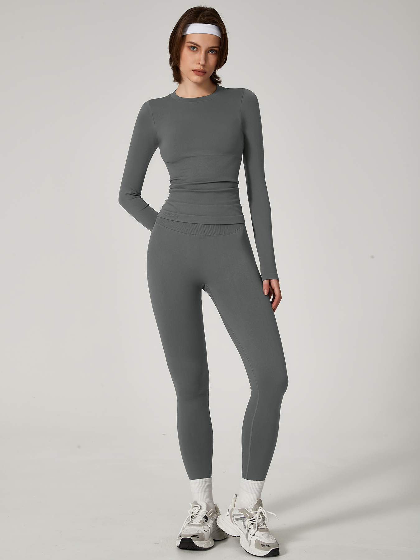 Two-piece set Women's Seamless High Elastic Soft Label Long Sleeve Trousers Yoga Wear suit CXCKTK188 Dark gray