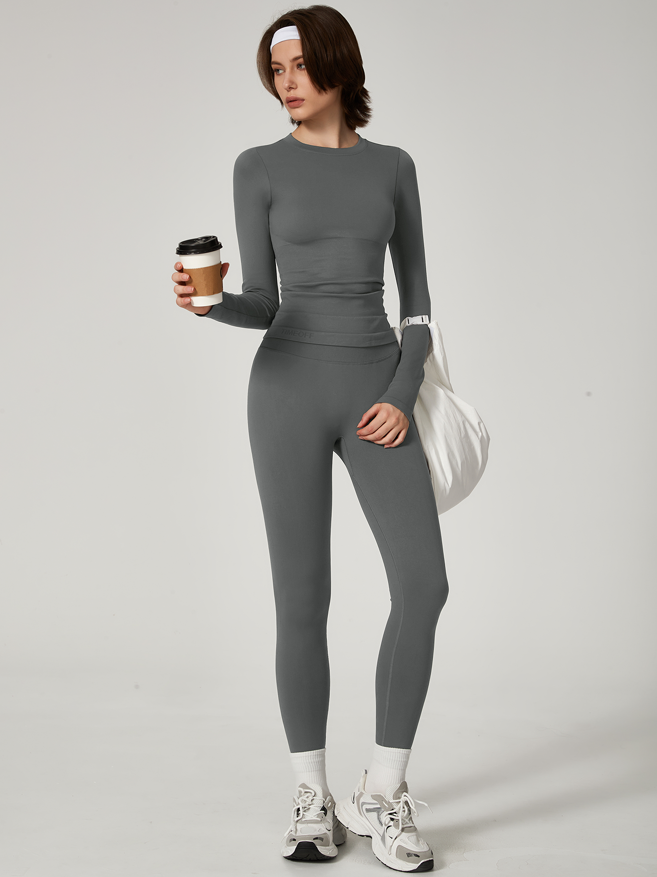 Two-piece set Women's Seamless High Elastic Soft Label Long Sleeve Trousers Yoga Wear suit CXCKTK188 Dark gray