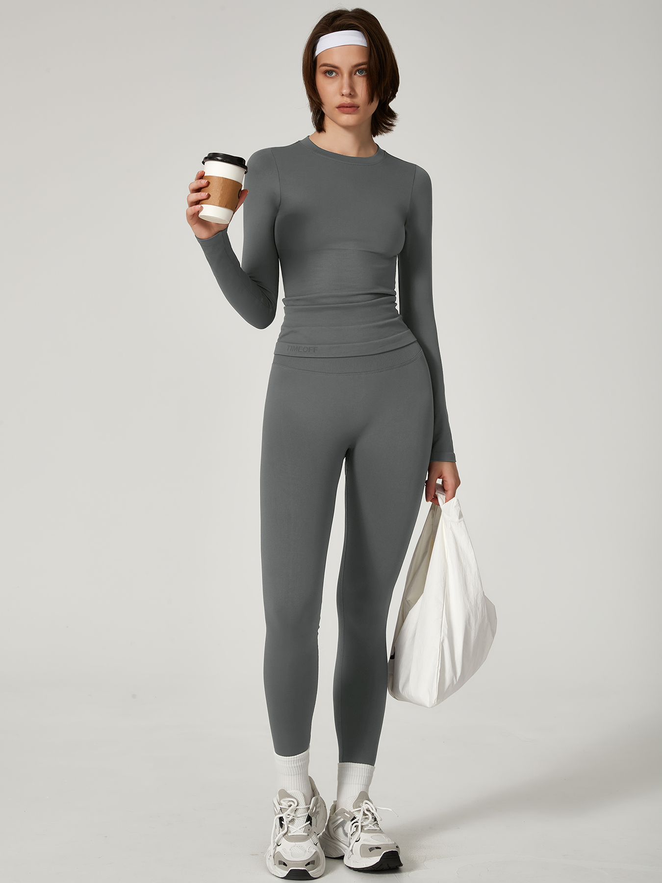 Two-piece set Women's Seamless High Elastic Soft Label Long Sleeve Trousers Yoga Wear suit CXCKTK188 Dark gray