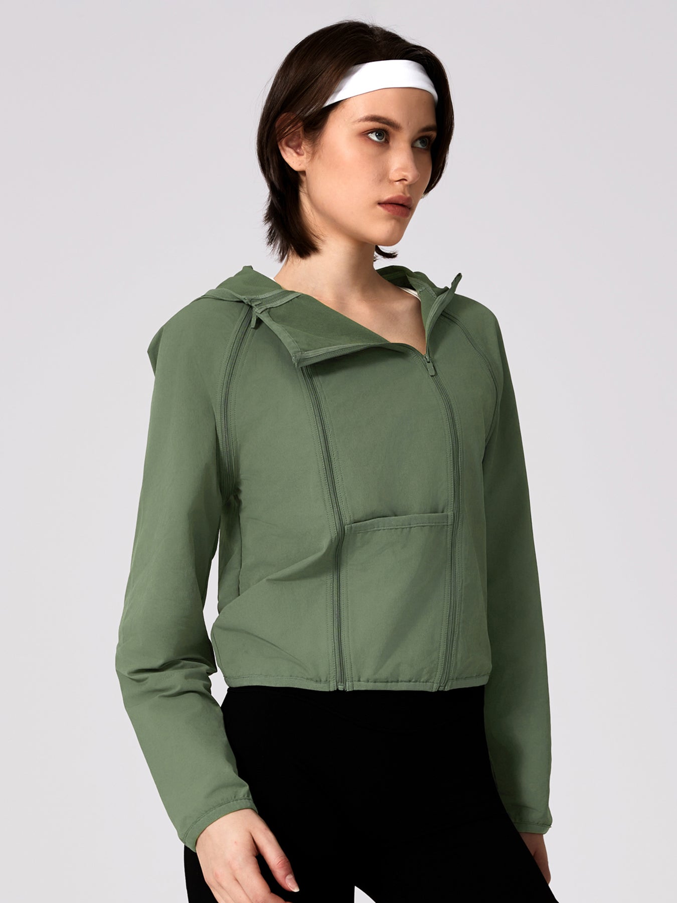 Women's Patchwork Detachable Sleeve Sunscreen Hooded Short High Waist Jacket 2261-YFCXWT Army Green