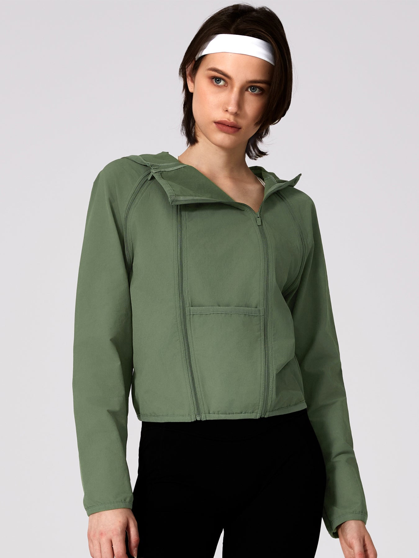 Women's Patchwork Detachable Sleeve Sunscreen Hooded Short High Waist Jacket 2261-YFCXWT Army Green