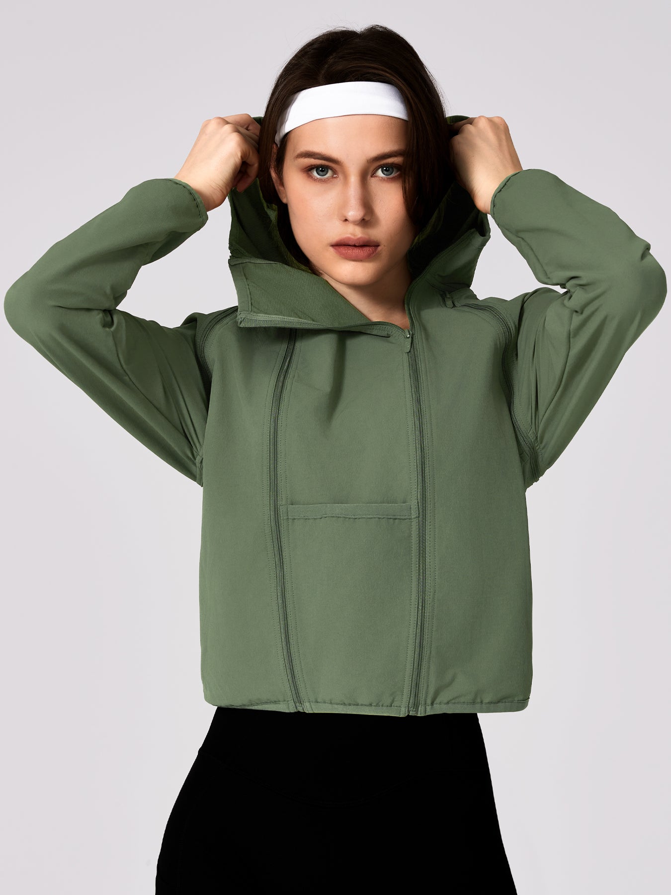 Women's Patchwork Detachable Sleeve Sunscreen Hooded Short High Waist Jacket 2261-YFCXWT Army Green