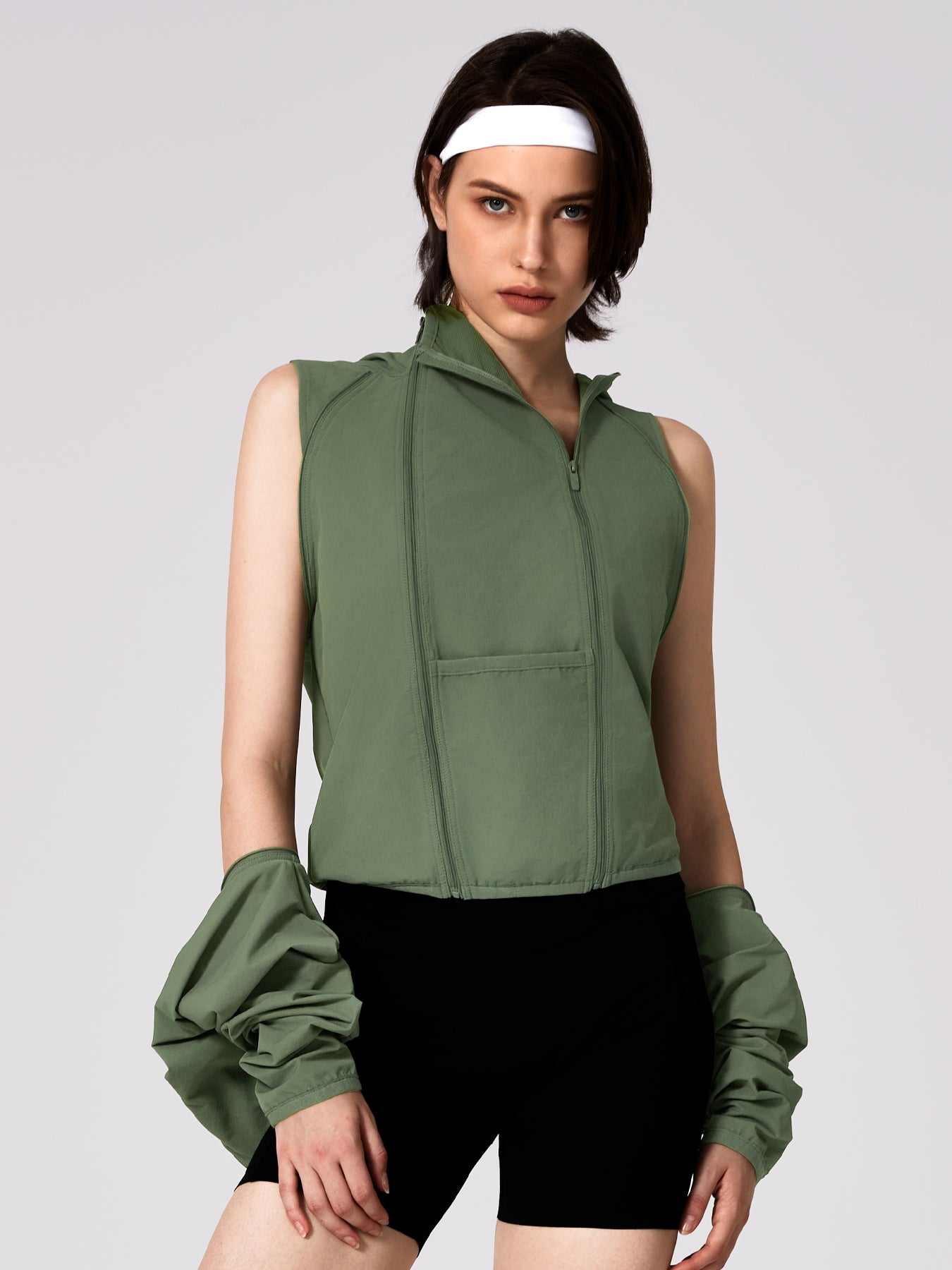 Women's Patchwork Detachable Sleeve Sunscreen Hooded Short High Waist Jacket 2261-YFCXWT Army Green