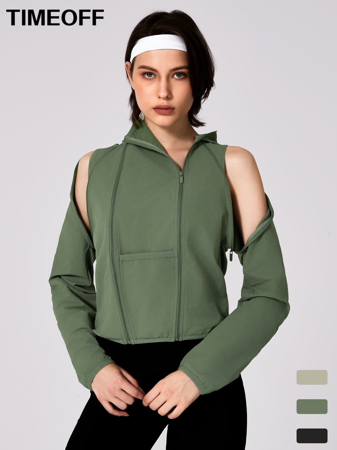 Women's Patchwork Detachable Sleeve Sunscreen Hooded Short High Waist Jacket 2261-YFCXWT Army Green