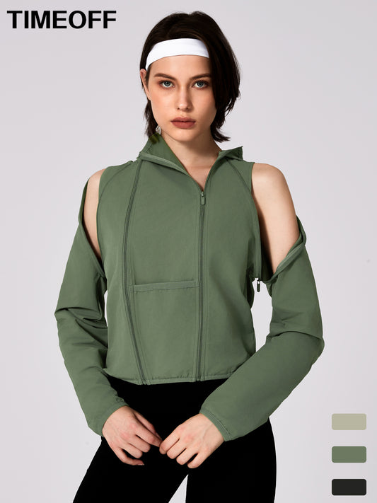 Women's Patchwork Detachable Sleeve Sunscreen Hooded Short High Waist Jacket 2261-YFCXWT Army Green
